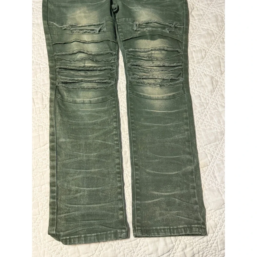 Smoke Rise Moto Jeans Mens 42/32 Green Distressed Slim Straight Biker Pants